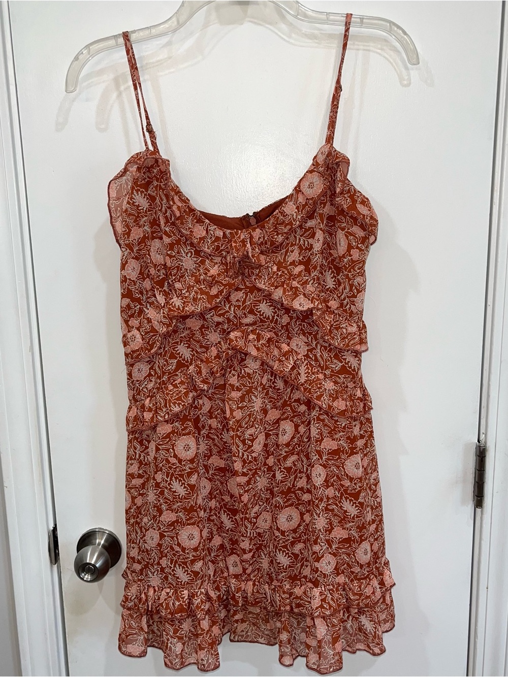 GUC FOREVER21 Size Medium Rust and Pink Floral Ruffle Thin Strap Dress